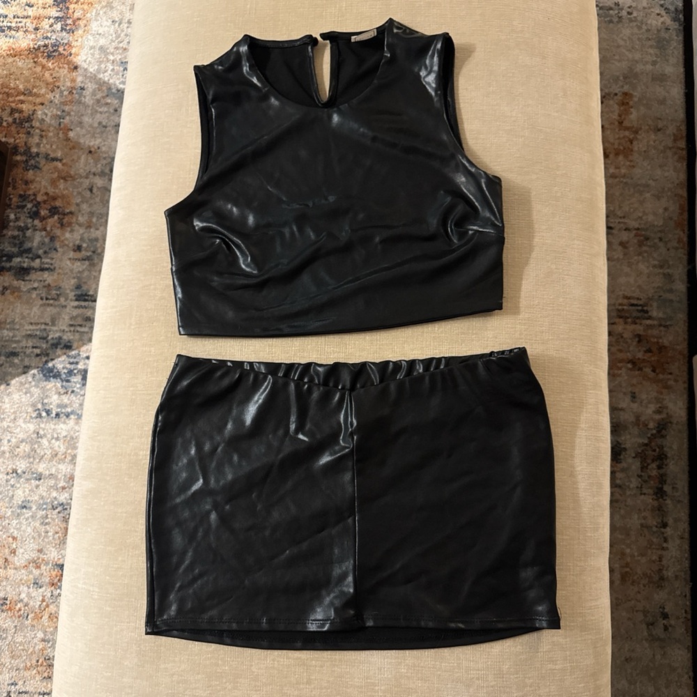 Black Faux Leather Skirt Set